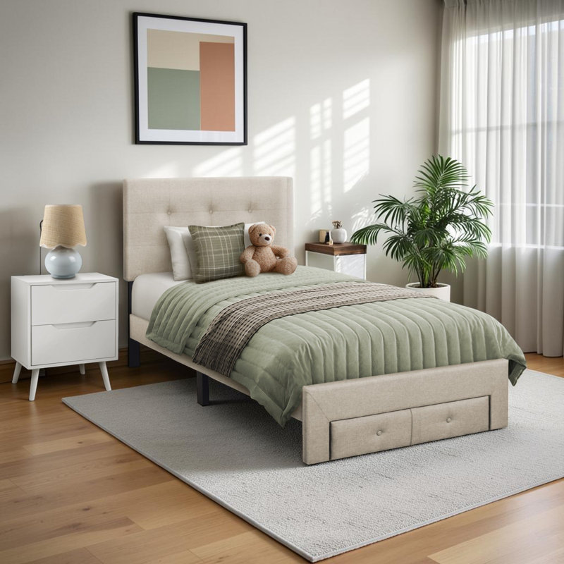 Lit plateforme tapissier simple avec tiroirs de rangement en lin transitionnel beige