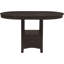 Ensemble de salle à manger avec table ronde extensible, tabourets noirs et piètement central, rangements ouverts et fermés, forme ovale, finition soignée, pour une utilisation pratique.