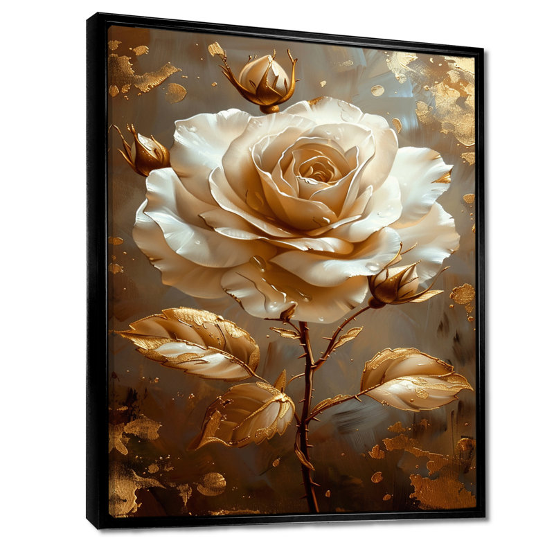 Or blanc doré doré feuilles dorées - rose, art mural, Toile avec cadre flottant noir, H 44 po x l 34 po x P 1,5 po