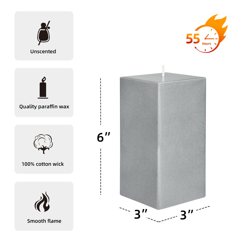 Bougie colonne, Argent métallique, H 6 po x l 3 po x P 3 po, 1 bougie