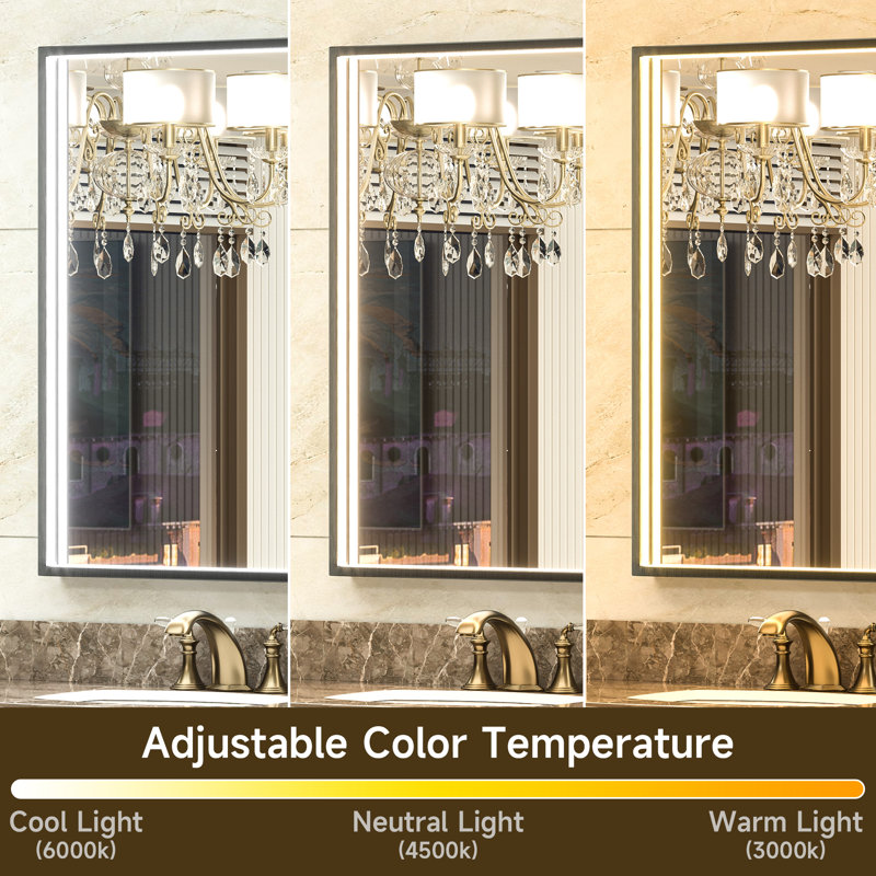 LED Metal Framed Anti-Fog Function 3 Color Adjustment Bathroom Mirror, 32" x 24"