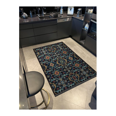 Black Themed Multicolor Traditional Motif Ethnic Patterned Vintage Decorative Rug