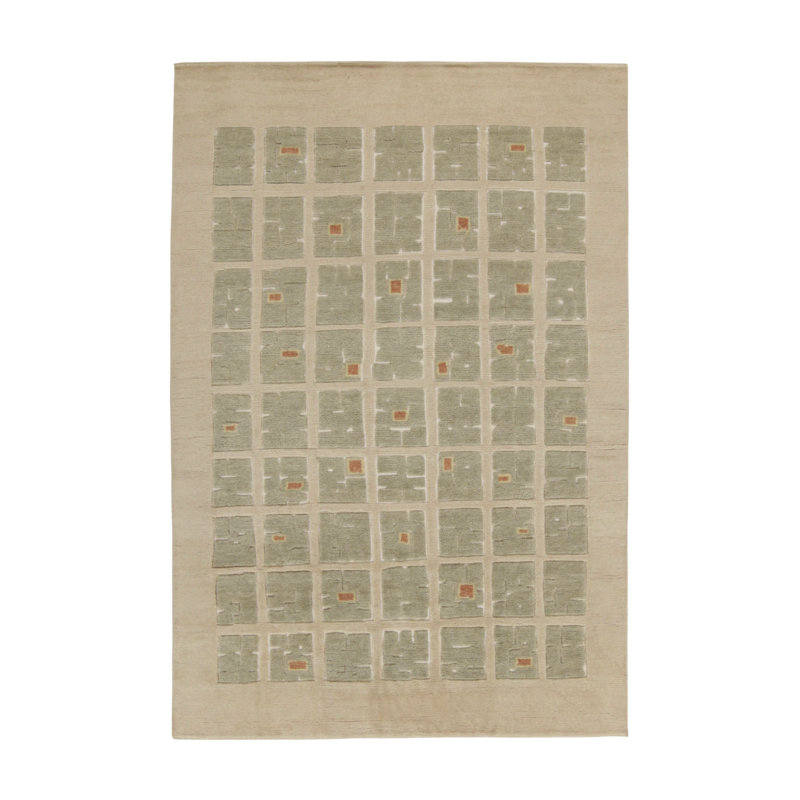 Rug & Kilim’S French Art Deco Rug In Beige & Green High-Low Square Pattern, Rectangle 5' x 7'