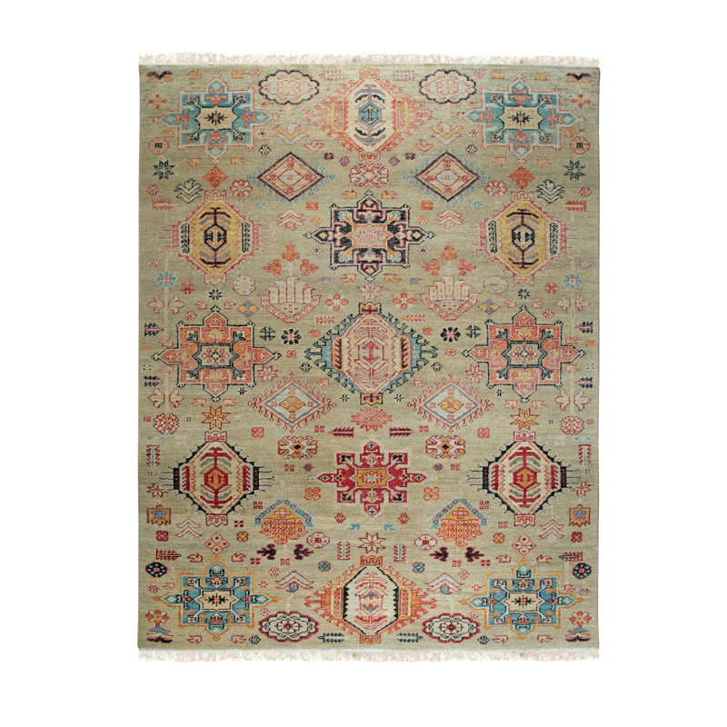 Ivory Hand Knotted Wool Area Rug, Rectangle 6' x 9'
