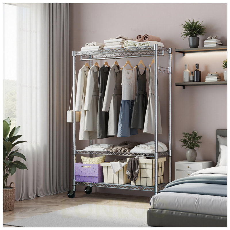 Heavy Duty Garment Rack on Wheels with Adjustable Metal Wardrobe, Ideal for Organizing and Maximizing Closet Space, Silver