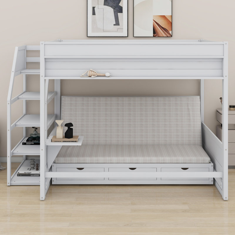 Wood Bunk Bed With Storage Staircase, Bedside Table, And 3 Drawers, White