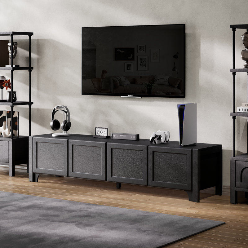 70" Modern Tv Stands For 65 70 Inches Tv, Black Media Console For Living Room, Leather-wrapped Door Panels Tv Entertainment Center With Cabinet Storage, Wood Television Cabinet For Bedroom