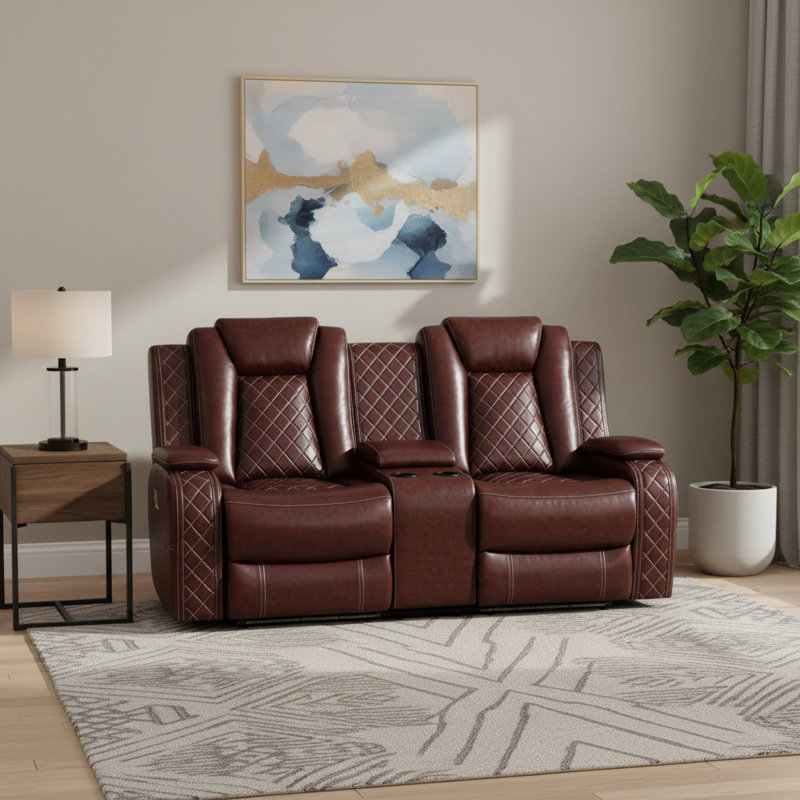 Causeuse inclinable en similicuir respirant rouge bourgogne avec console de rangement, porte-gobelets, port USB et base DEL