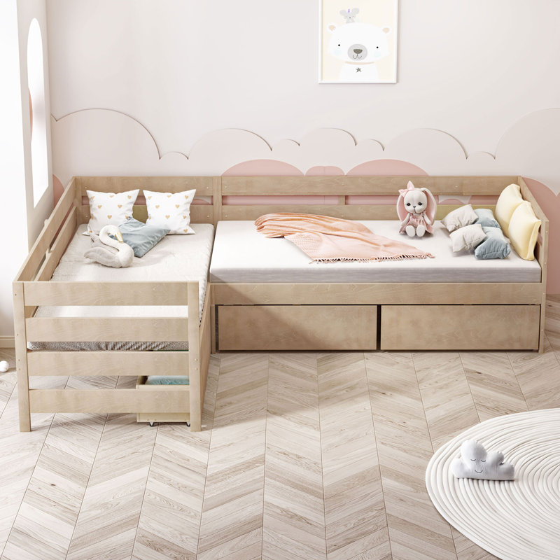 Lit plateforme en L avec trois tiroirs de rangement, Naturel