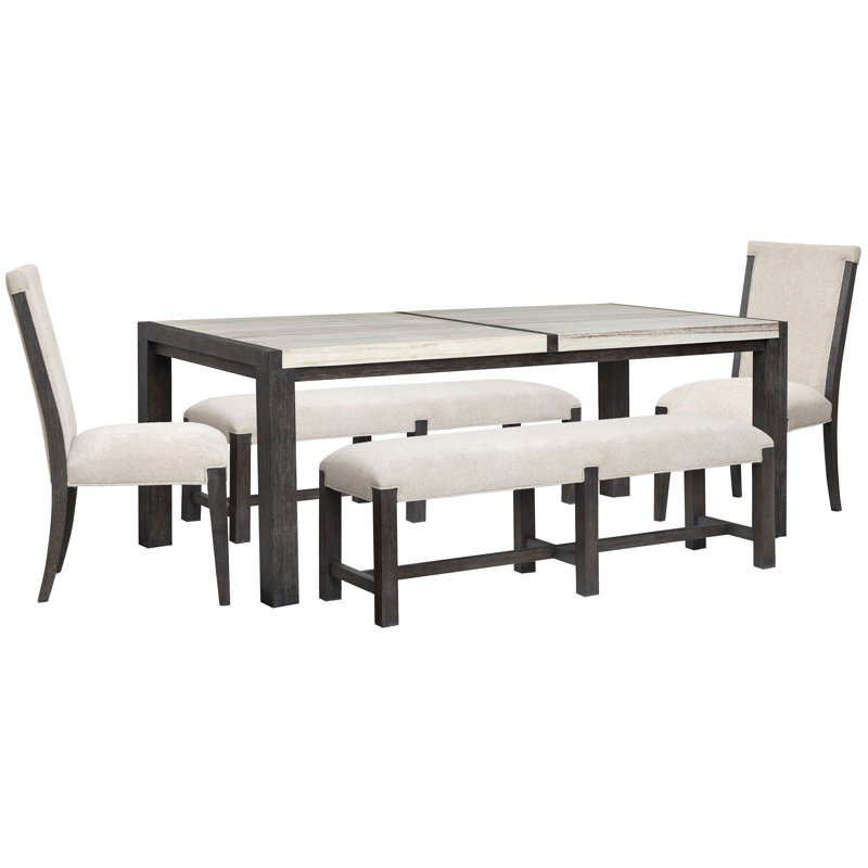 Rectangular Dining Table With 2 Benches And 3 Side Chairs, 5 Pcs: Table, 2 Benches, 2 Chairs