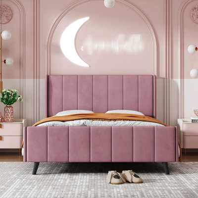 Lit rembourré en velours rose - détails tendance, fabrication robuste en contreplaqué, rangement sous le lit peu encombrant, rangement pratique pour lit double, conception classique, structure, espace sous le lit