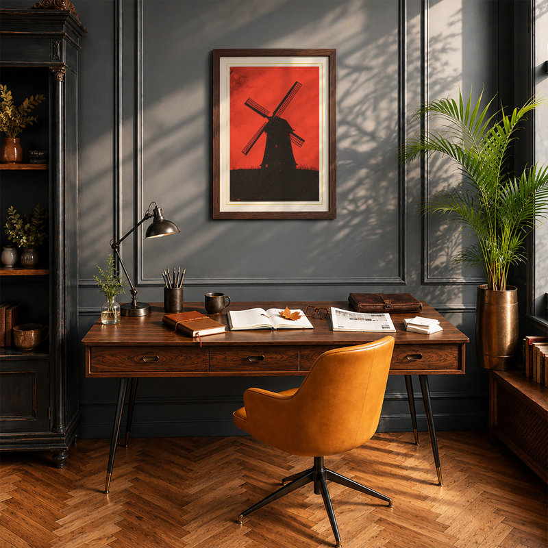 Windmill At Dusk Geometric - Print, Walnut, A1 - 84.1 x 59.4 cm
