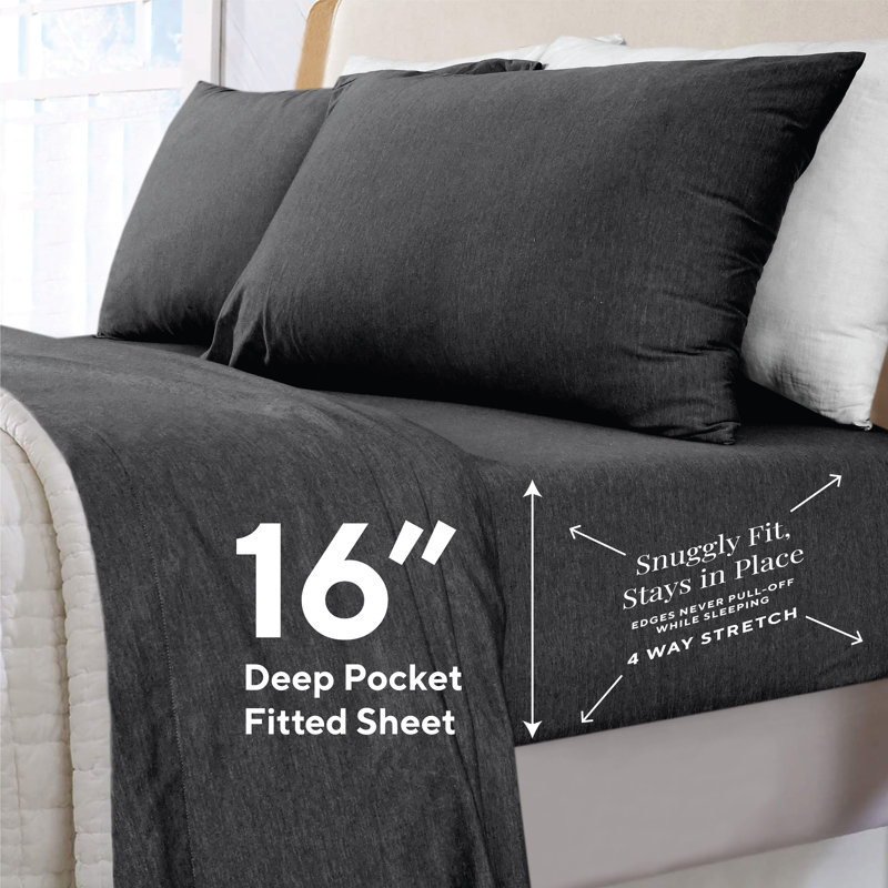 Jersey Knit Full Size Sheets 4pc|100% T-Shirt Cotton Breathable Jersey Sheets Set| All Season , Charcoal, Charcoal