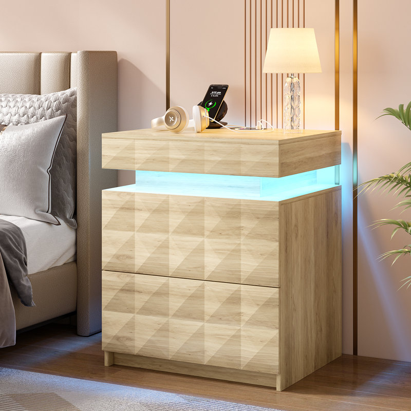 Ashten 19.7'' W - Modern Nightstand with 3 Diamond-Cut Drawers, Smart RGB Lighting & Charging Hub, Oak