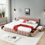 Très grand lit tapissier rose avec tête de lit et tiroir pour une chambre confortable avec des tiroirs en chenille