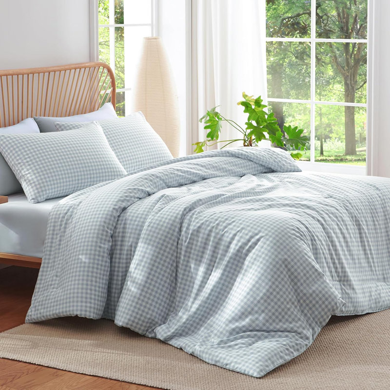 Ensemble d'édredon en vichy rose bleu et bleu, Bleu, Édredon grand + 2 taies d'oreiller standard