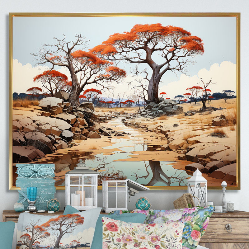 Paysage de baobab onirique, Cadre flottant doré, H 24 po x l 32 po x P 1 po