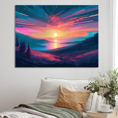 Superbe coucher de soleil sur le lac et les montagnes III sur toile