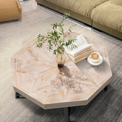 Table basse octogonale antique de 76 cm (30 pouces) en patchwork, plateau en bois, pieds croisés en métal, structure stable pour le salon.