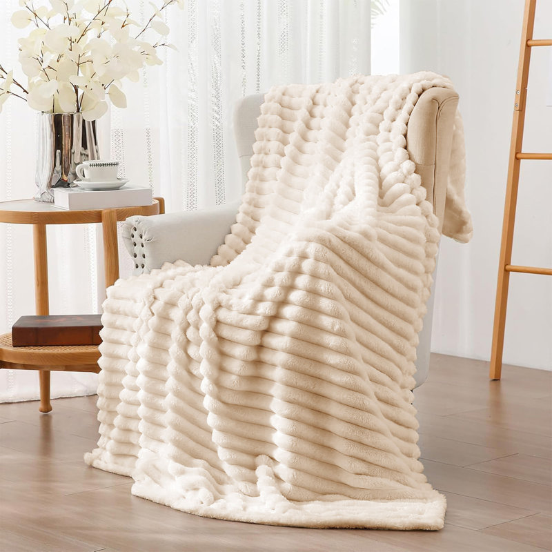 Striped Plush Lightweight Throw Blanket, Ultra Soft & Cozy for Sofa Couch Bed, Machine Washable, 100cm x 150cm, White