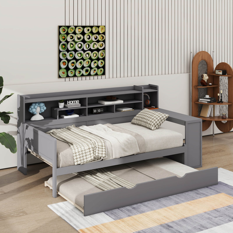 Wooden Daybed with Integrated Storage Shelves, Including a Pull-out Trundle Bed, Twin
