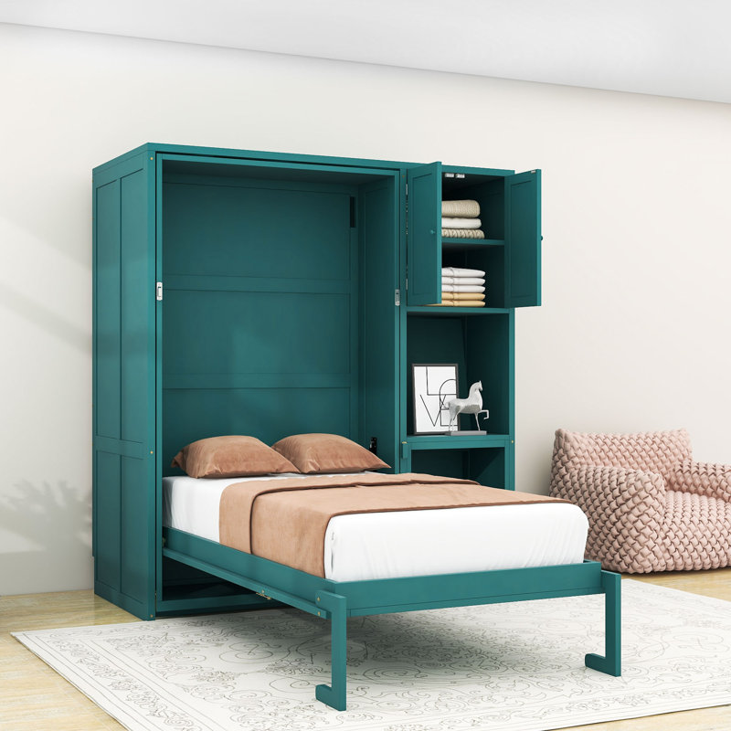 Lit escamotable simple en bois avec bureau extensible, armoire supérieure et tablettes, Sarcelle