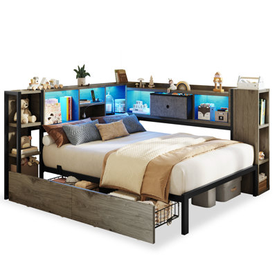 Twin Size Corner Bed Frame With Storage Drawers & Bookcase, Daybed With Charging Station & Led Lights