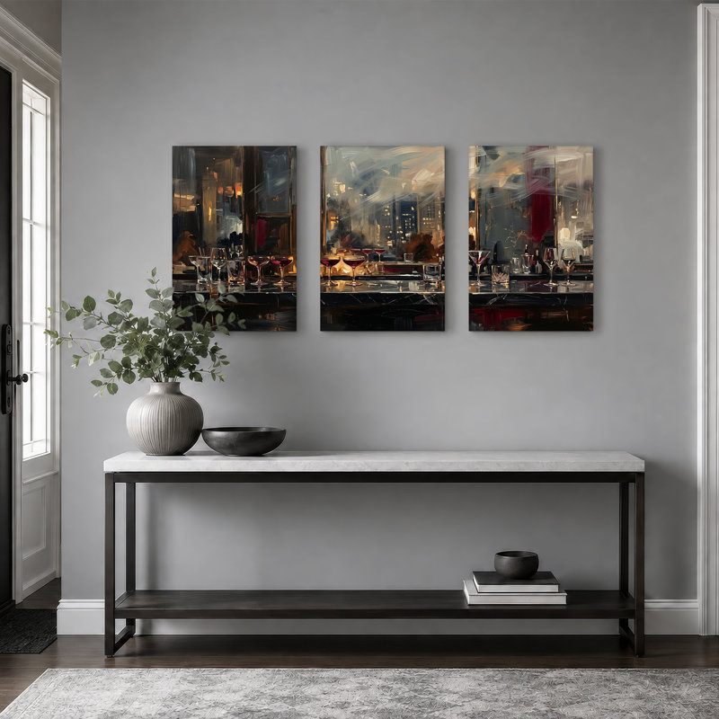 Ensemble de 3 toiles de bar avec verres à vin et à cocktail, H 36 po x l 24 po x 3 pièces