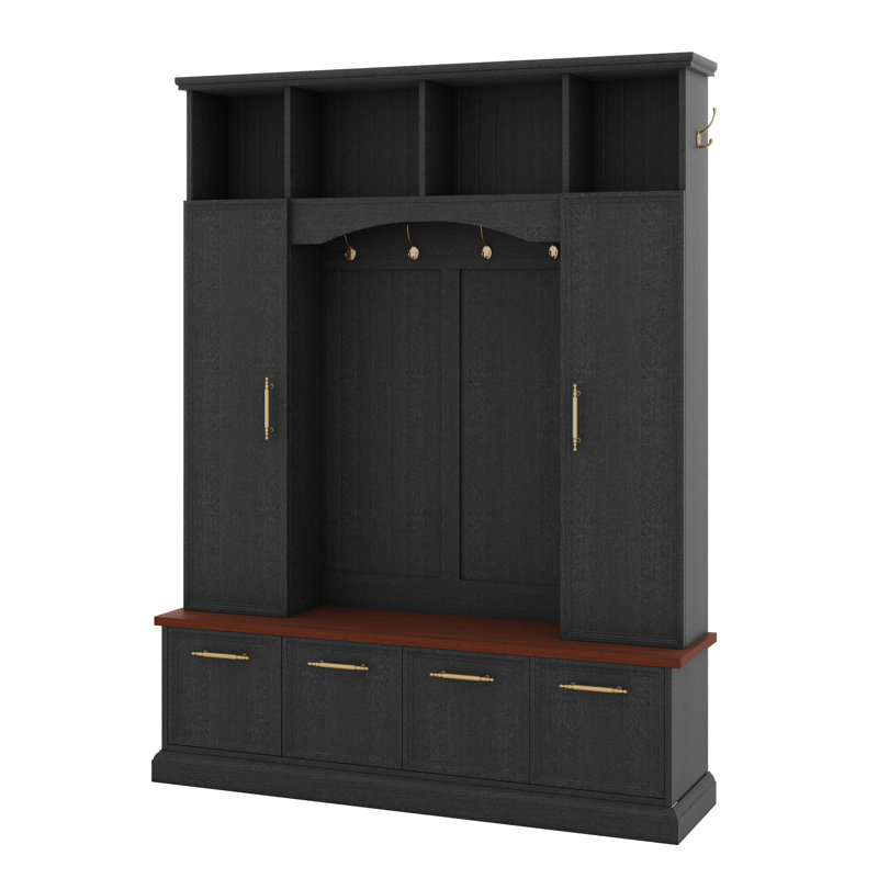 59" Farmhouse Hall Tree With Golden Hooks & Walnut Bench, Entryway Organizer With Adjustable Shelves, Shoe Storage, Black