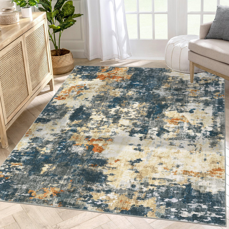 Tapis abstrait pour le salon, doux, antidérapant, à poils courts, résistant aux taches, bleu / jaune, Rectangle 9 pi x 12 pi