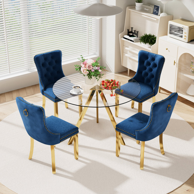 5-Piece Pedestal Gold Dining Set, Blue, 30" H x 39" W x 39" D