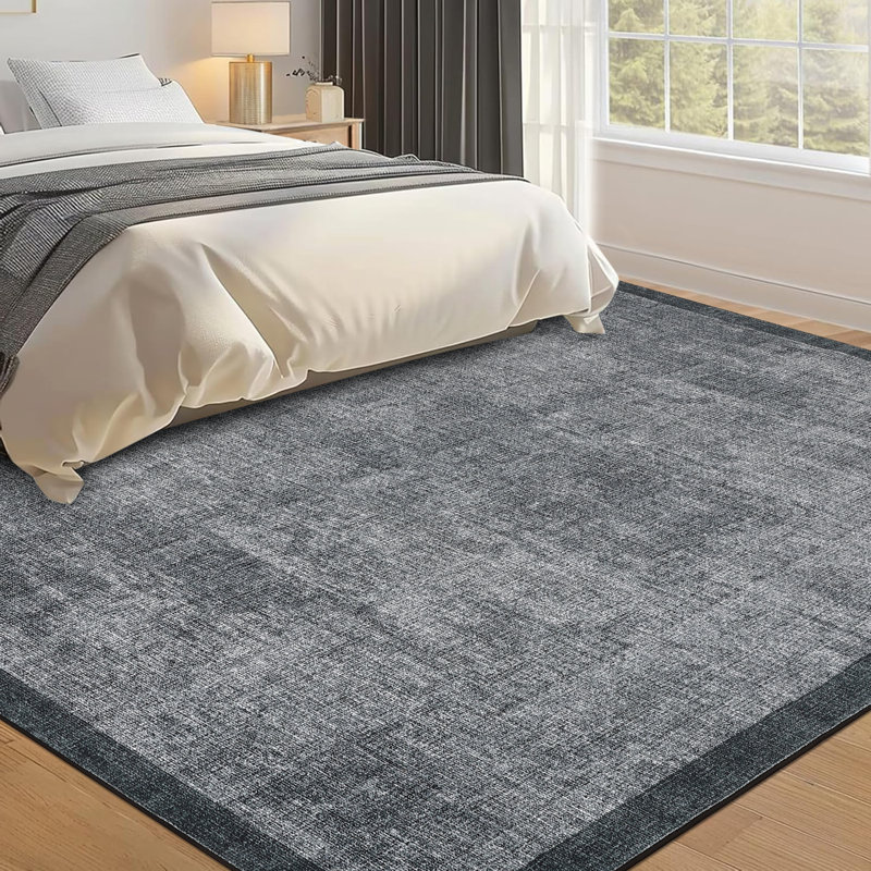 Bordered Machine Washable Rug with Rubber Backing Non Slip Soft Non Shedding Low Pile Thin Foldable Indoor Carpet, Dark Gray