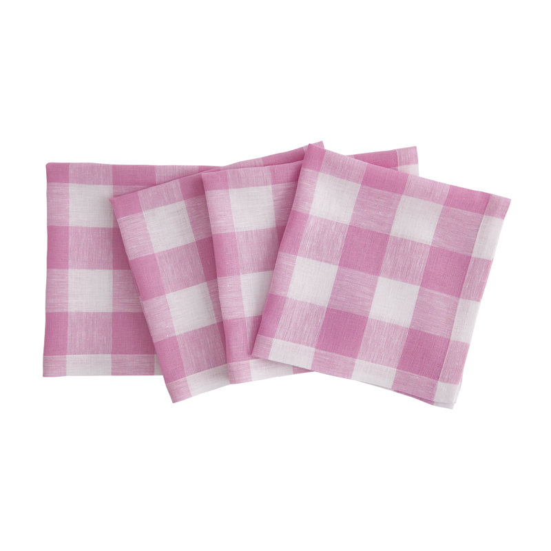 Buffalo Check - 100% Pure Linen Dinner Napkins, Pink Begonia