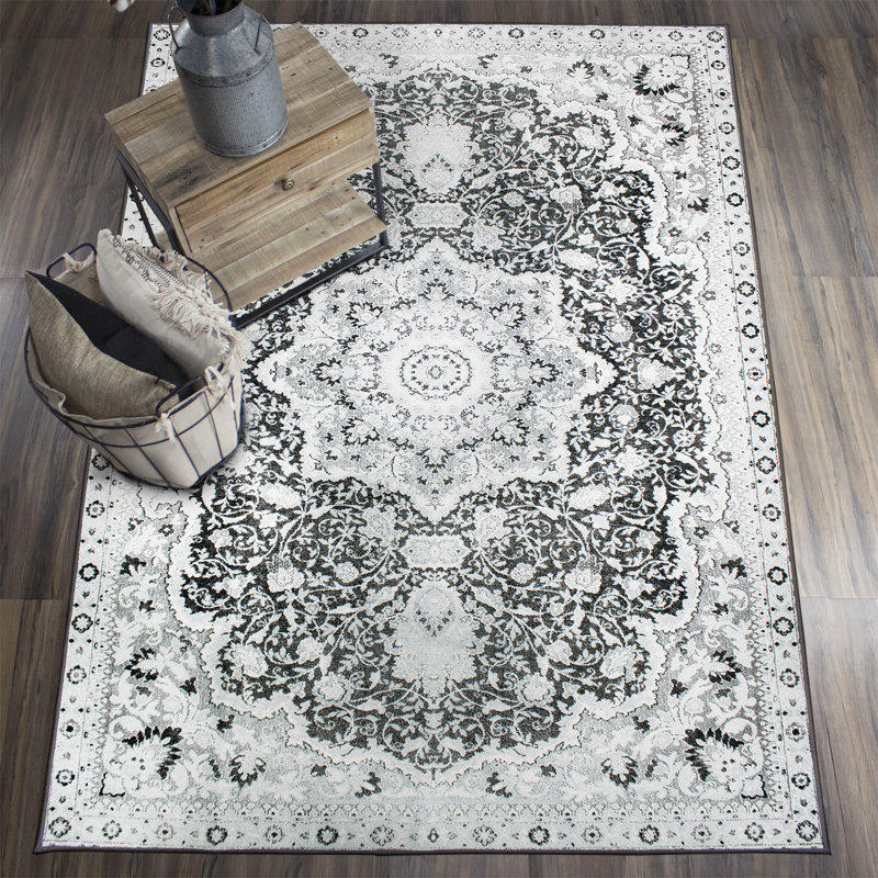 Parviz Grey Performance Flatweave Washable Oriental Indoor / Outdoor Rug, Rectangle 5' x 7'