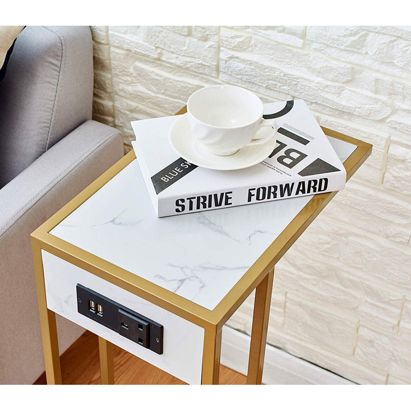 Delarosa Frame End Table with Built-In Outlets, Gold Finish Frame