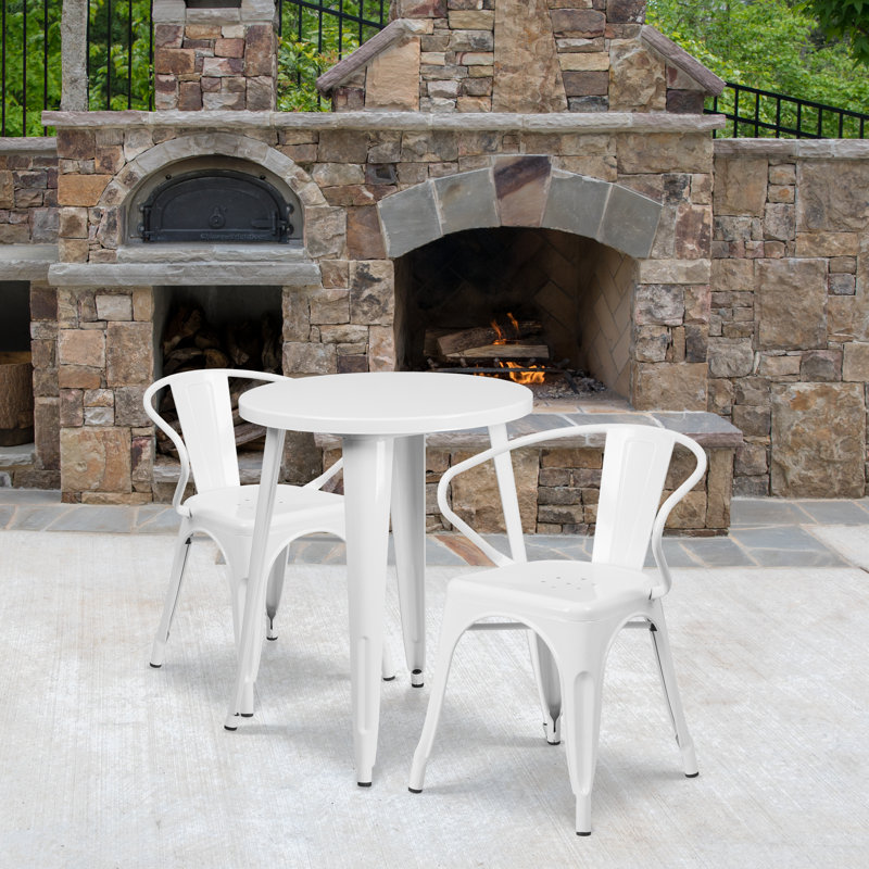 Duluth 30'' Round Metal Indoor-Outdoor Table Set with 2 Arm Chairs, White, 29.50" H x 30" W x 30" L