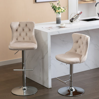 Beige Adjustable Height Swivel Metal Pedestal Bar Stools With Footrest