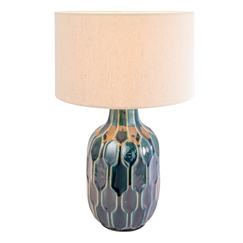 Embossed Ceramic Table Lamp With Linen Shade, Inline Switch And Reactive Glaze
