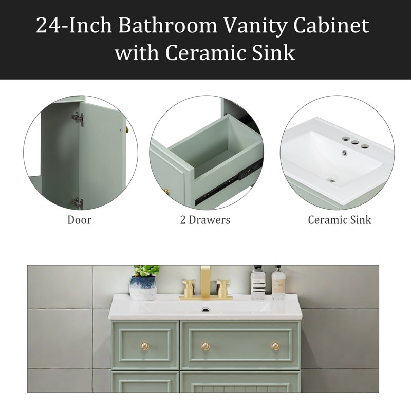 Armoire de meuble-lavabo 24 po avec lavabo en céramique, 2 tiroirs, 1 porte, Vert