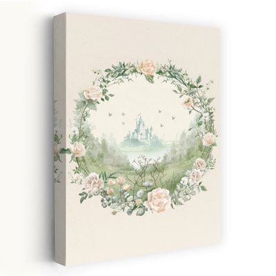 Fairytale Castle Wreath Dreamy Peaceful Romantic Butterfly Rose Forest Landscape Wall Art Print 1 Piece Wrapped Canvas Wall Art