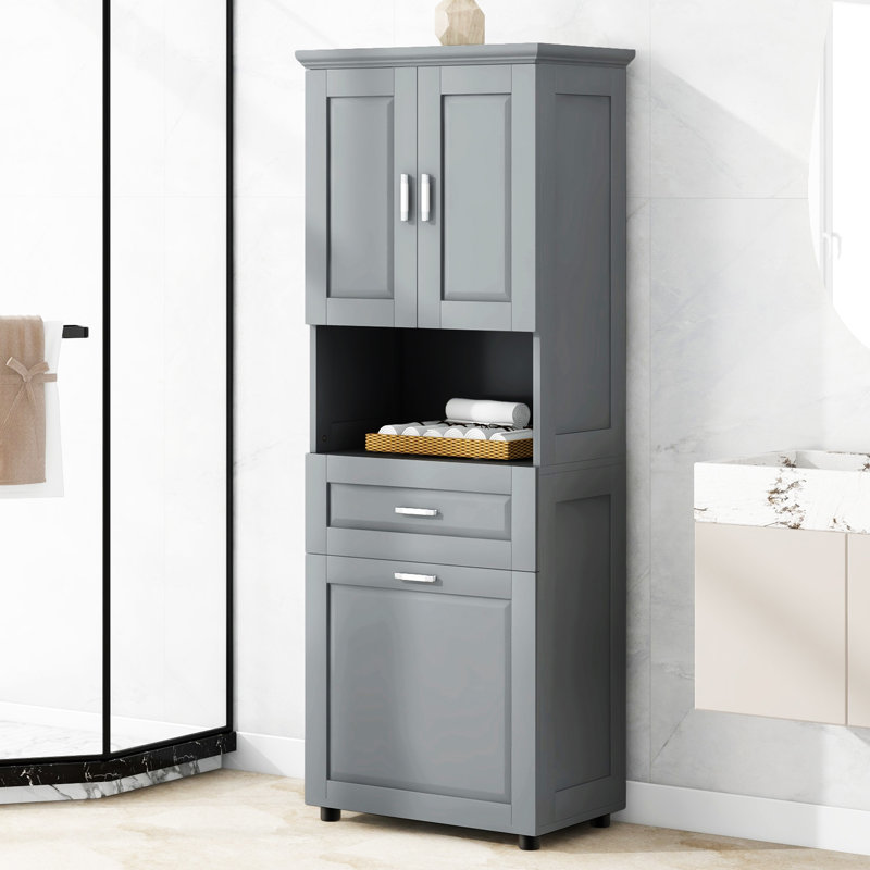 Tall Bathroom Cabinet With Laundry Basket, Gray