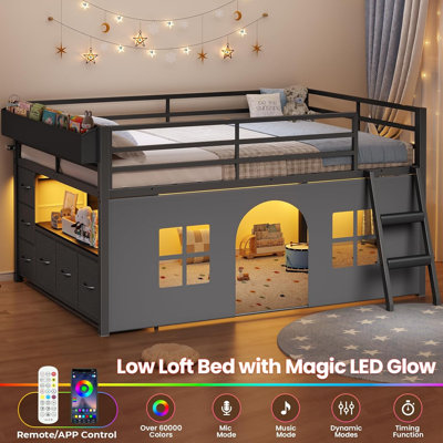 Kids Low Loft Bed Full Size with Tent and 5 Storage Drawers, Metal Full Loft Bed with LED Lights, Bookcase & Under-Bed Play Space, 13.8''H Safety Guardrail and Inclined Ladder