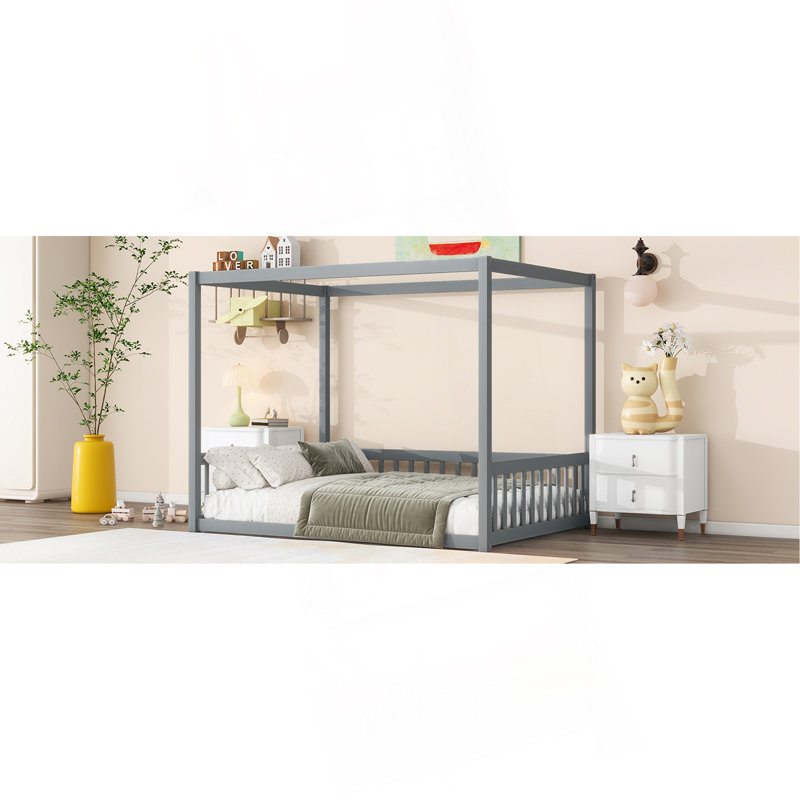 Lit double en bois d'hévéa avec clôture, garde-corps, gris
