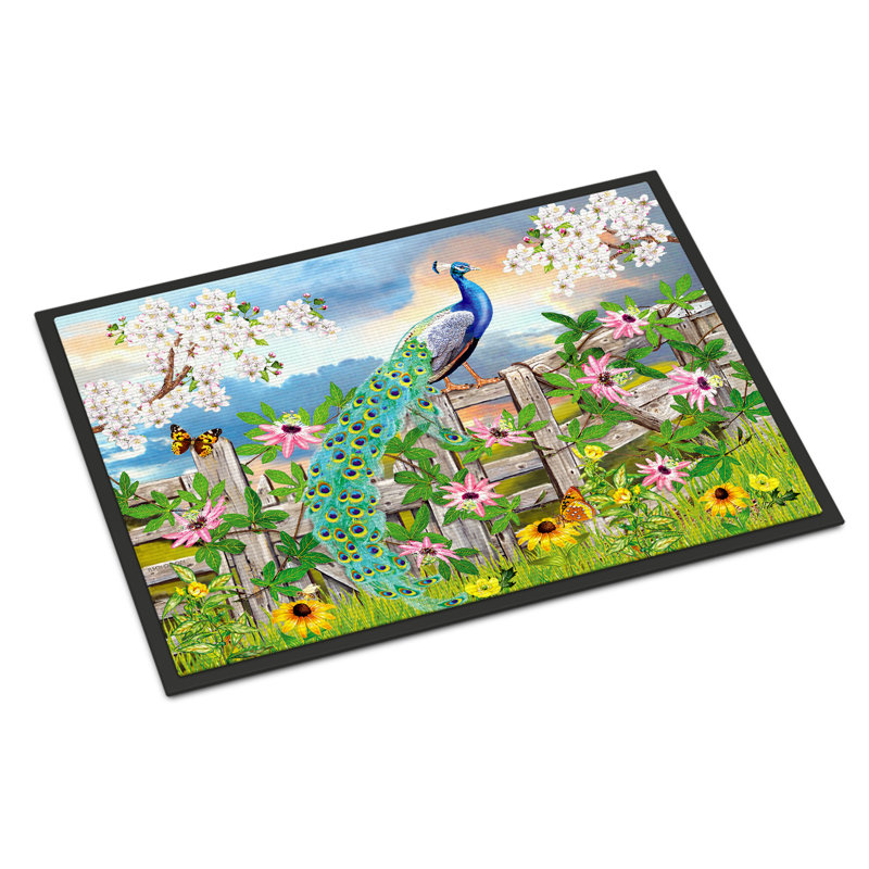 Driffield Non-Slip No Pattern Doormat, Peacock on Garden Fence