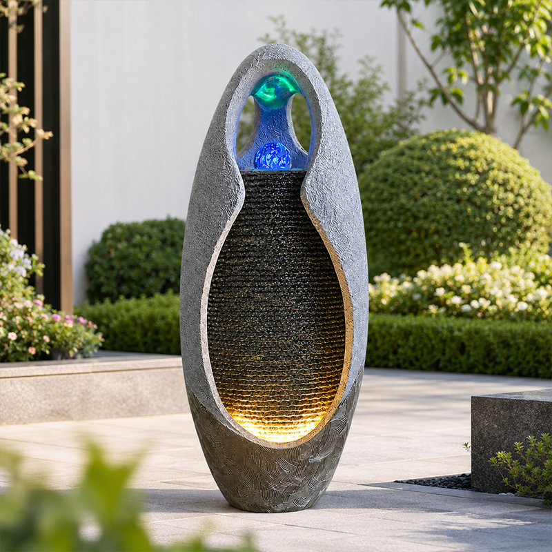 27.55" H Resin Outdoor Water Fountain with LED Lights & Cascading Waterfall, Modern Freestanding Floor Fountain with Stone-Like Finish for Garden Patio Indoor Decor