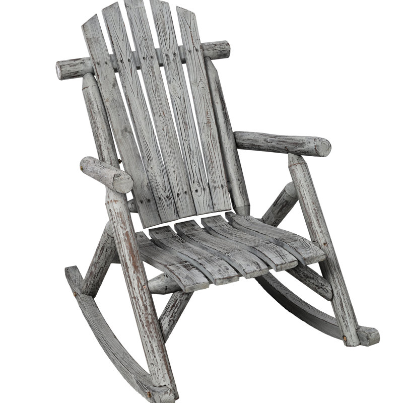 Chaise berçante grise en bois gris avec construction robuste, lattes de siège ergonomiques et impulsion à bascule lisse pour le jardin, le porche, la conception inspirée de la bûche de sapin à l'intérieur, soutien lombaire, rapide