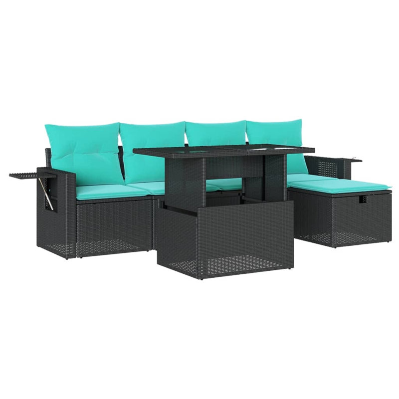  Ensemble de canapé de patio 6 pièces avec coussins en rotin de polyester, Noir, Vert
