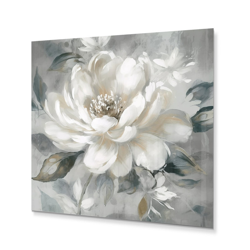 Pivoine blanche grise en mouvement I sur impression métallique, H 29 po x l 29 po x P 1 po