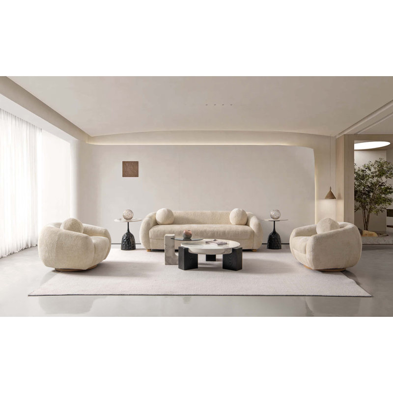 Cezmi 3-Piece Modern Chenille 85.8" Sofa and 2 Accent Chairs Set in, Cream Chenille