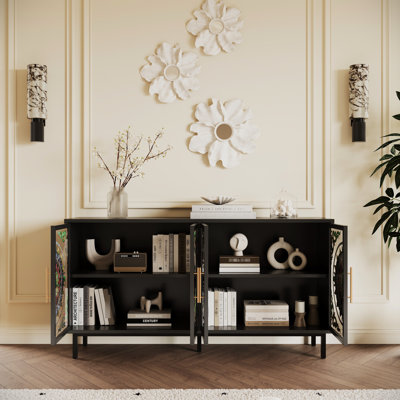 60.3" Buffet Cabinet With Artistic Stained Glass And Metal Frame, Elevating Decor Of Living, Dining, Or Entrance Spaces Storage Iron Frame Glass, Ideal For Organizing Tableware Books In Living Dining